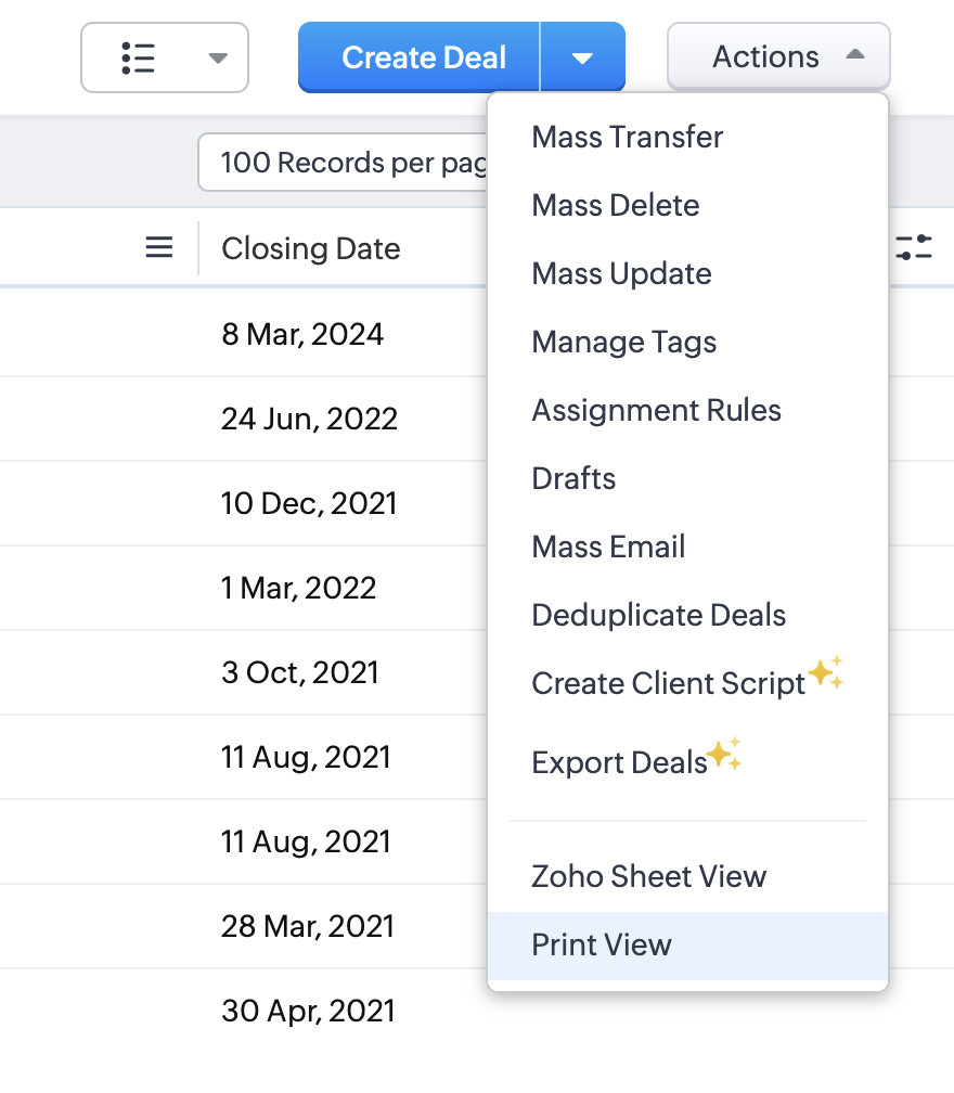 Screenshot of Actions menu showing Export Deals